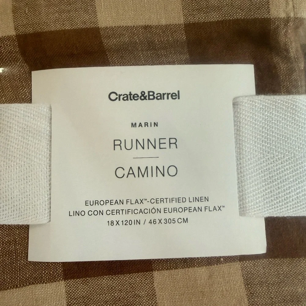 Crate&Barrel Marin Camino Linen Check Runner - Brown & Cream